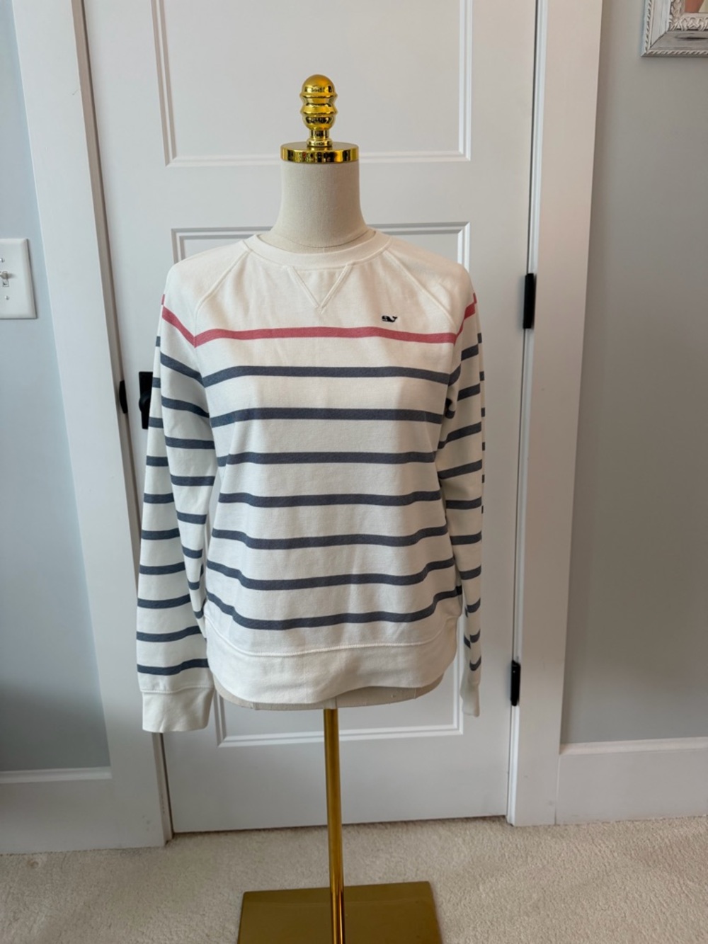 Vineyard Vines Cream Pullover Sweatshirt with Gray Stripes and Pink Yoke